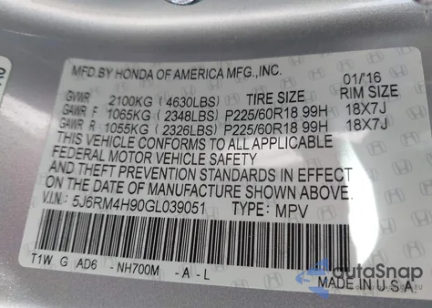 2016 Honda Cr-V Touring from USA, damaged, VIN 5J6RM4H90GL039051